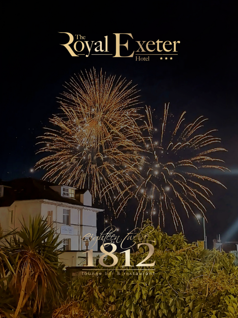 Friday Night Fireworks over Bournemouth viewed from the terrace at 1812 Lounge Bar at Royal Exeter Hotel.