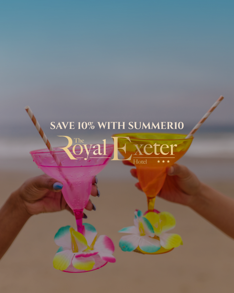 Summer cocktails on Bournemouth Beach promoting Royal Exeter Hotel direct booking offer with SUMMER10