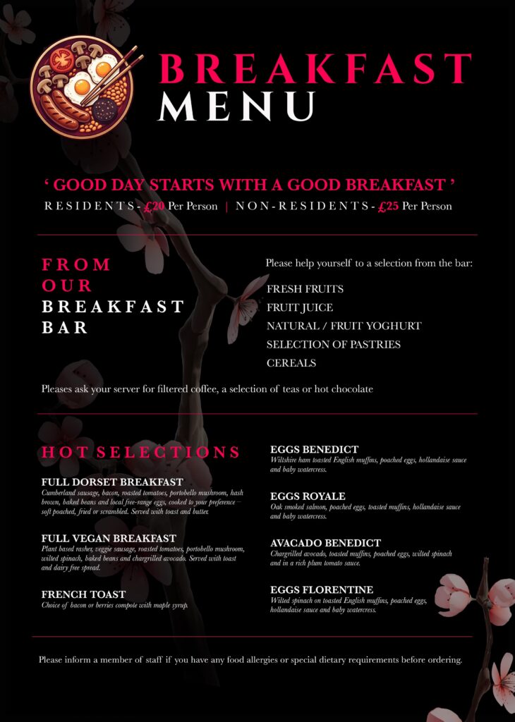 Royal Exeter Hotel breakfast menu featuring hot breakfast dishes, pastries, fruit, yoghurt and drinks