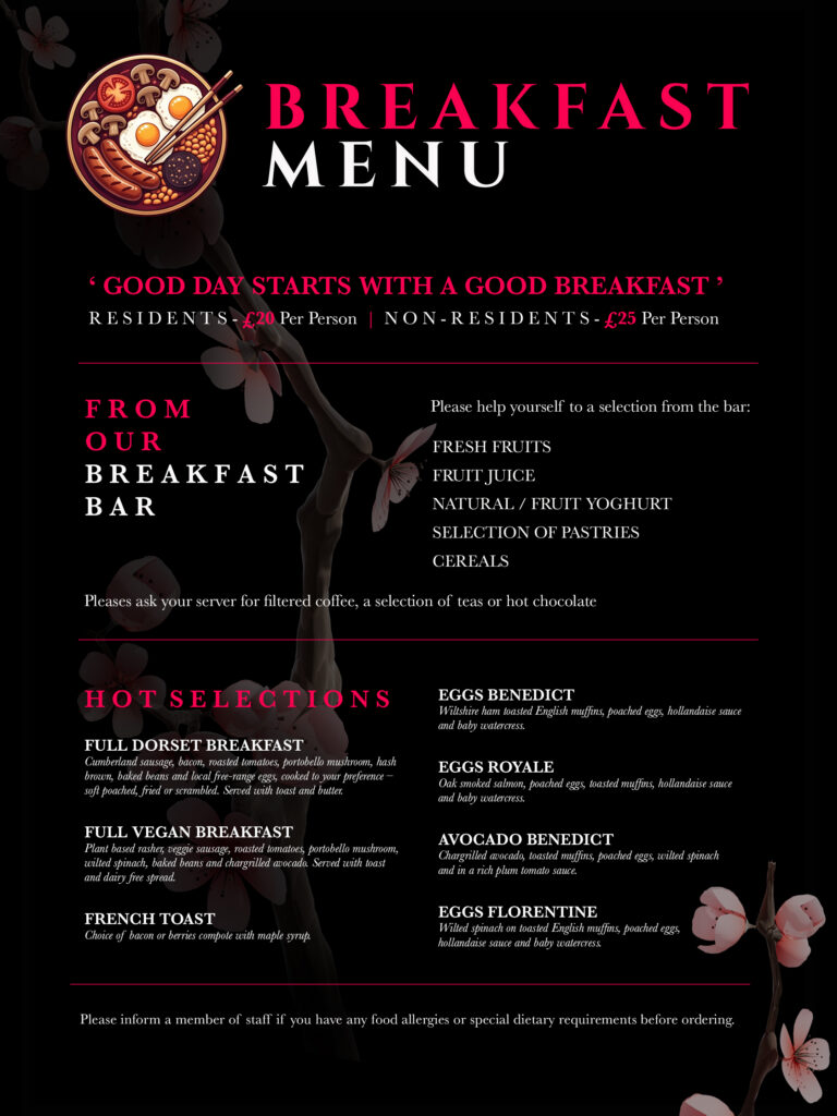 Royal Exeter Hotel breakfast menu in Bournemouth featuring Full Dorset Breakfast, vegan breakfast, eggs Benedict, French toast and continental breakfast options.